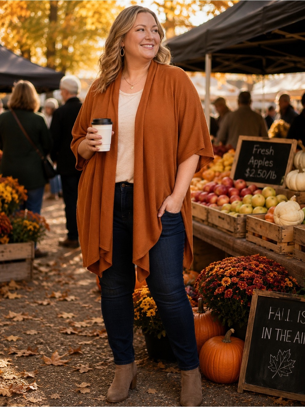 Buttercream Clothing Women's Open-Front Draped Cardigan in Rust